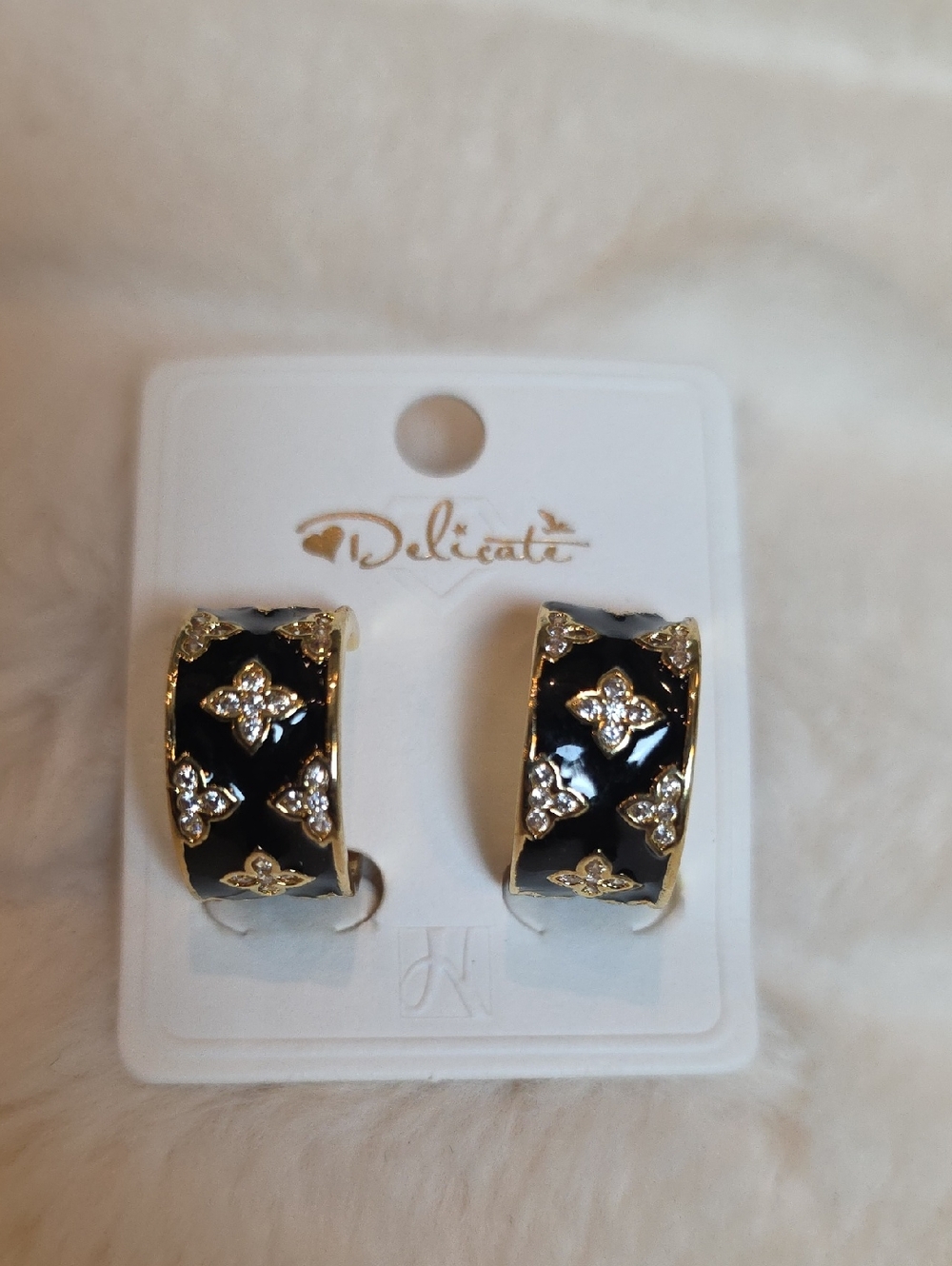 delicates Black and Gold Enamel Hoop Earrings with Crystal Motifs